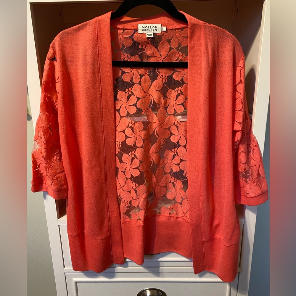 Molly Bracken Vibrant Coral Lace Cardigan, S, EC.